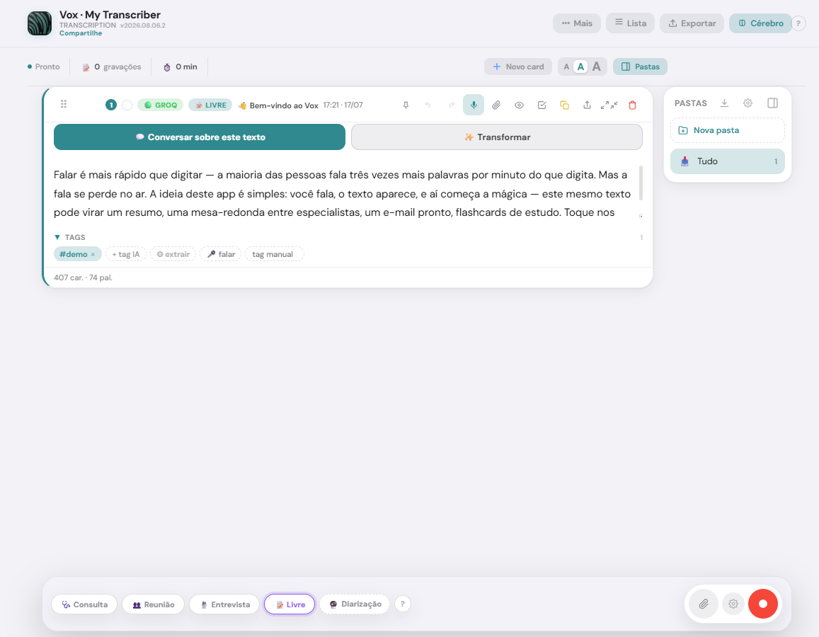 Interface do VOX transformando áudio em texto